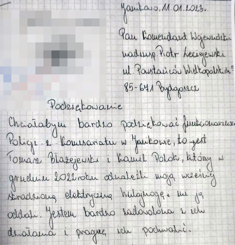 List do Komendanta Wojewódzkiego Policji w Bydgoszczy