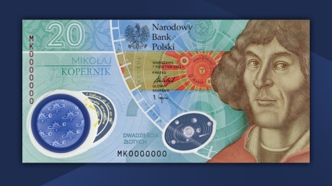 Kolekcjonerski banknot i moneta z bursztynem. Na 550. urodziny Mikołaja Kopernika
