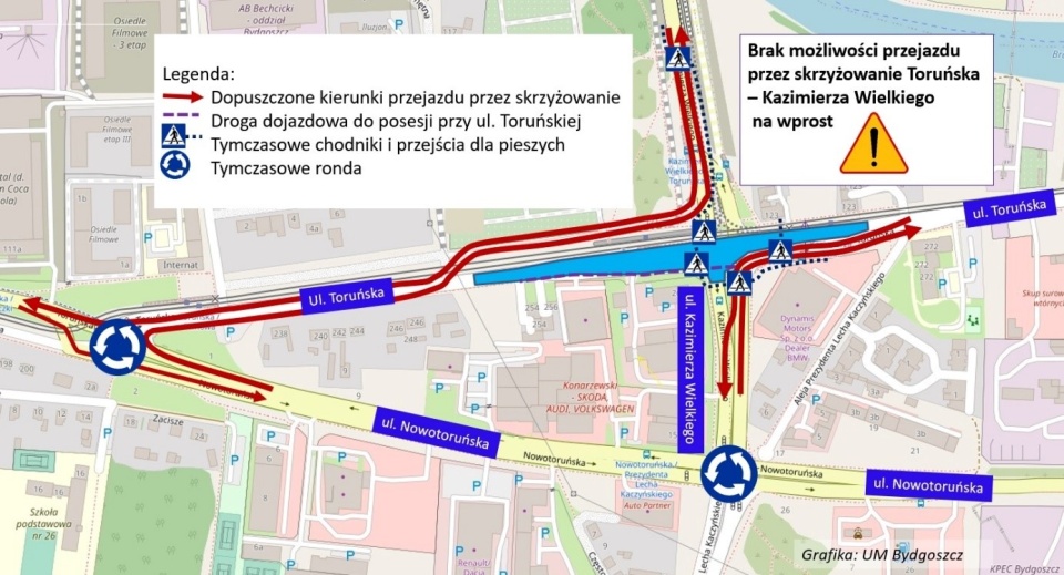 Od poniedziałku (6 lutego) kierowców w Bydgoszczy czekają zmiany w organizacji ruchu przy budowanych mostach nad Brdą./fot. ZDMiKP Bydgoszcz