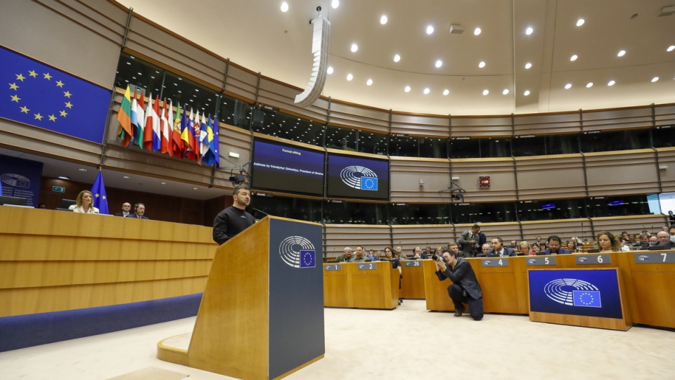 Przemówienie prezydenta Wołodymyra Zełenskiego w Parlamencie Europejskim/fot. PAP, EPA
