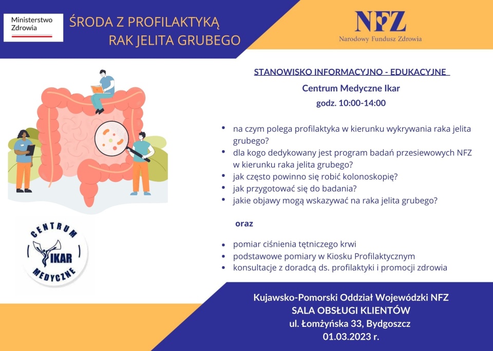 Środa z Profilaktyką na początku marca będzie dotyczyć raka jelita grubego/grafika: NFZ w Bydgoszczy