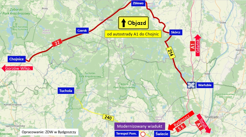 Wykonawca wraz z Zarządem Dróg Wojewódzkich wytyczyli kilka objazdów/opracowanie: ZDW w Bydgoszczy