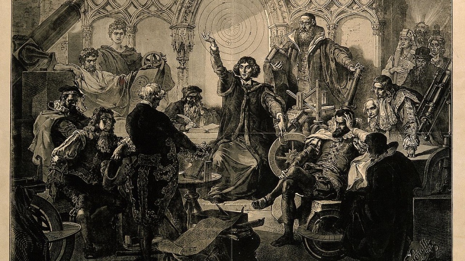 „Mikołaj Kopernik wśród innych astronomów świata” – rycina autorstwa Jana Styfiego, Wikimedia Commons, CC BY 4.0 (fragment)