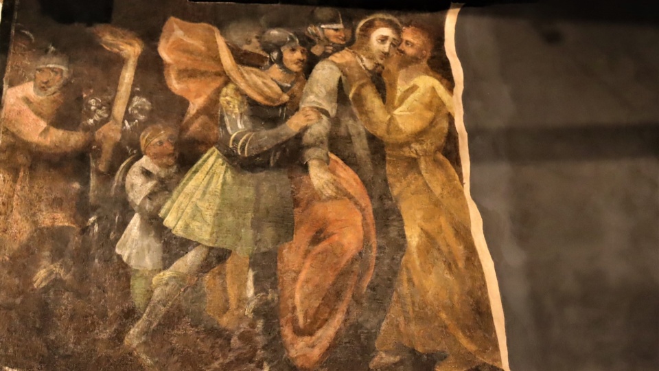 Jedno z poddanych konserwacji malowideł z dawnego refektarza sióstr klarysek w Bydgoszczy: pocałunek Judasza/fot. Janusz Milanowski, Muzeum Okręgowe w Bydgoszczy