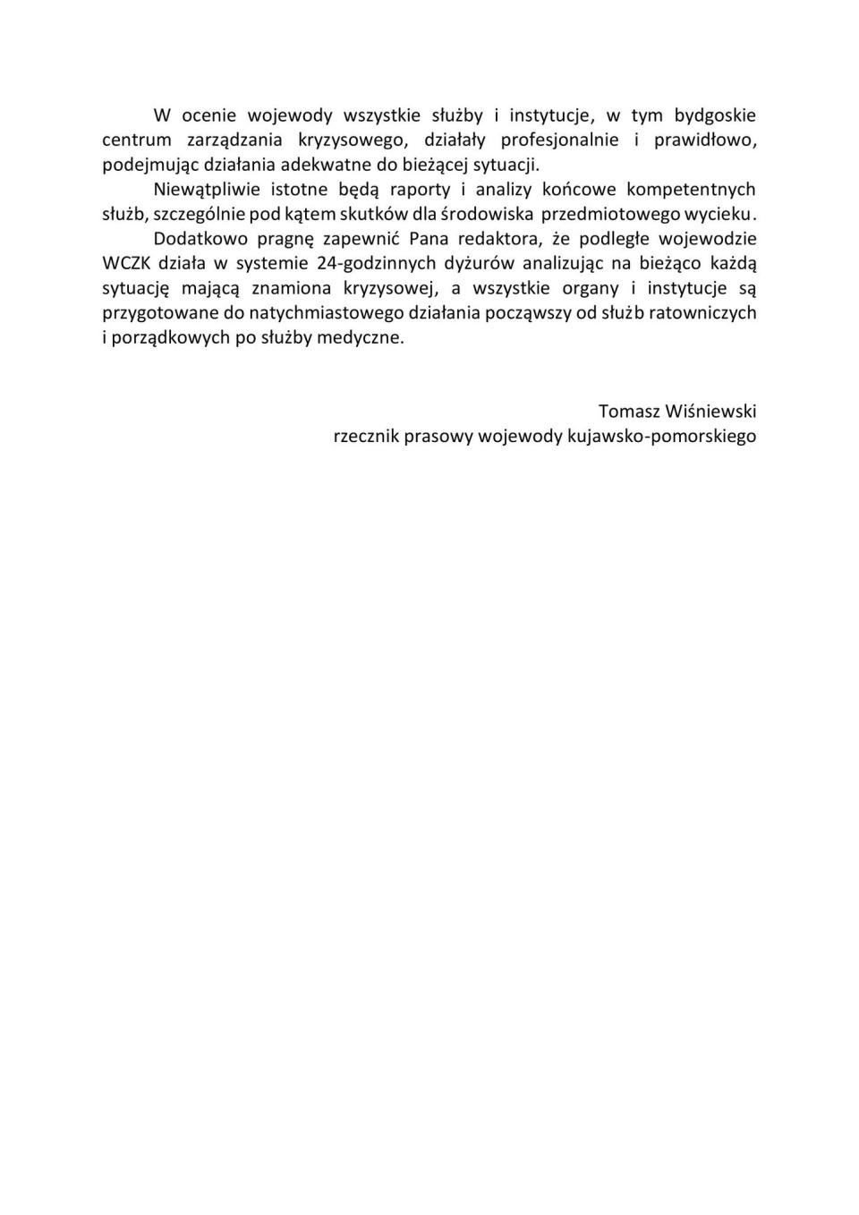 Oświadczenie Mikołaja Bogdanowicza, wojewody kujawsko-pomorskiego