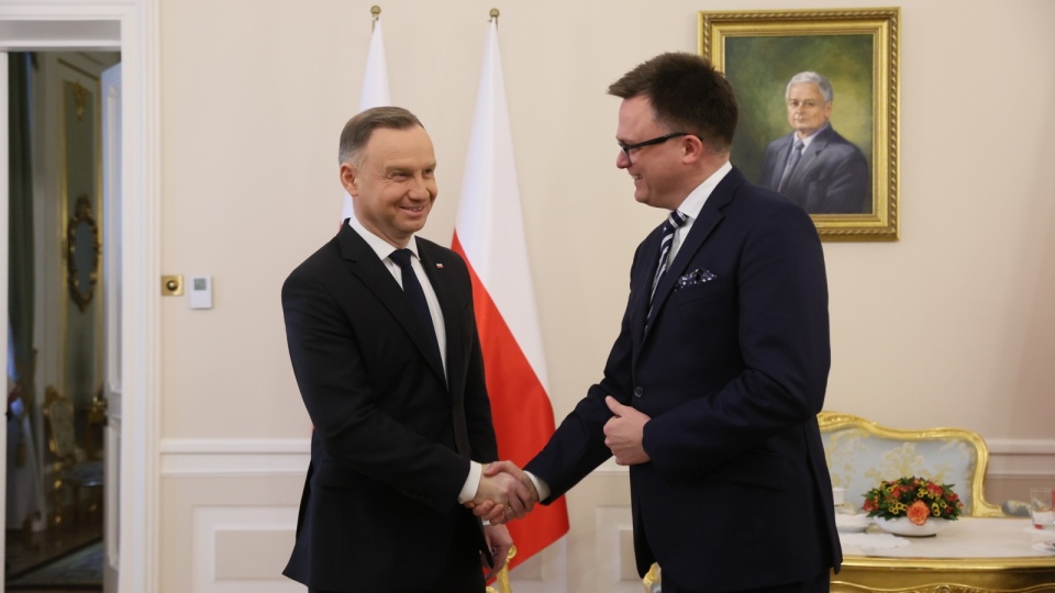 Prezydent RP Andrzej Duda i marszałek Sejmu Szymon Hołownia podczas spotkania w Pałacu Prezydenckim w Warszawie/PAP/Leszek Szymański