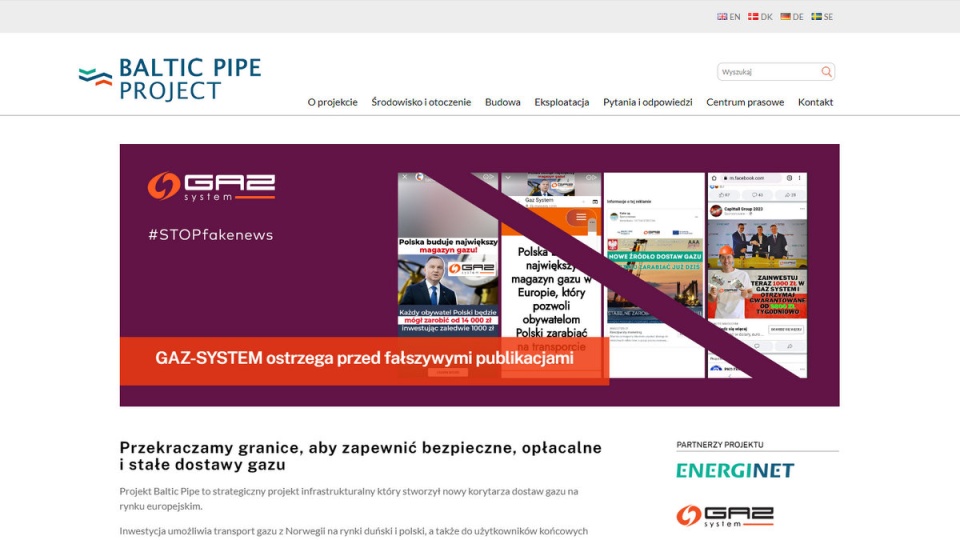 Na oficjalnej stronie projektu Baltic Pipe znajdziemy komunikat ostrzegający przed fałszywymi publikacjami stanowiącymi próbę wyłudzenia pieniędzy lub danych osobowych/fot. www.baltic-pipe.eu/pl