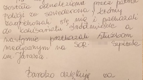 Bydgoscy policjanci szybko odnaleźli 85-latkę, która opuściła SOR. Rodzina kobiety wysłała list z podziękowaniami/fot. KMP w Bydgoszczy