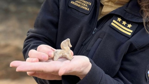 Archeolodzy prowadzący prace przy ul. Prostej w Toruniu, gdzie ma stanąć nowa siedziba straży pożarnej, znaleźli zabawkową figurkę konika z przełomu XII i XIII wieku/fot. Komenda Wojewódzka PSP Toruń/Facebook