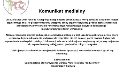 Komunikat medialny Ogólnopolskiego Stowarzyszenia Praw Rolników, Producentów i Przetwórców Rolnych/fot: Facebook, Kaźmierczak- Skup Zbóż, Sprzedaż Nawozów, Gospodarstwo Rolne w Paulinach