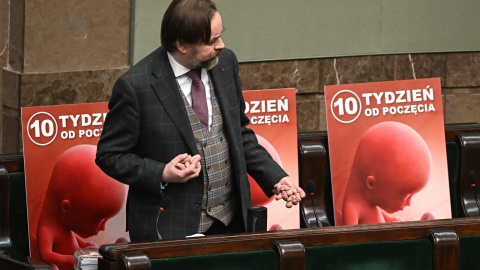 Poseł PiS Paweł Szrot układa modele płodu na sali obrad Sejmu w Warszawie, 12 kwietnia/fot. Raek Pietruszka, PAP
