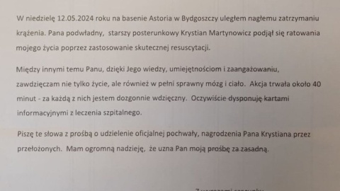 Podziękowania dla st. posterunkowego Krystiana Martynowicza z komisariatu Bydgoszcz Śródmieście/fot. KMP Bydgoszcz