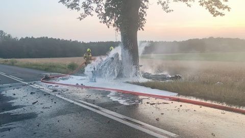 Samochód osobowy uderzył w drzewo i stanął w płomieniach. Tragedia w Raciniewie/fot. OSP Uniejów
