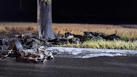 Samochód osobowy uderzył w drzewo i stanął w płomieniach. Tragedia w Raciniewie/fot. OSP Uniejów