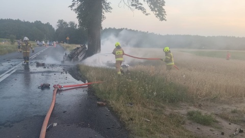 Samochód osobowy uderzył w drzewo i stanął w płomieniach. Tragedia w Raciniewie/fot. OSP Uniejów