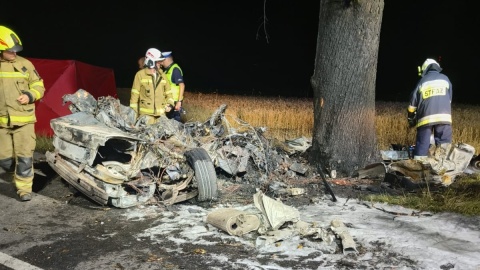 Samochód osobowy uderzył w drzewo i stanął w płomieniach. Tragedia w Raciniewie/fot. OSP Uniejów