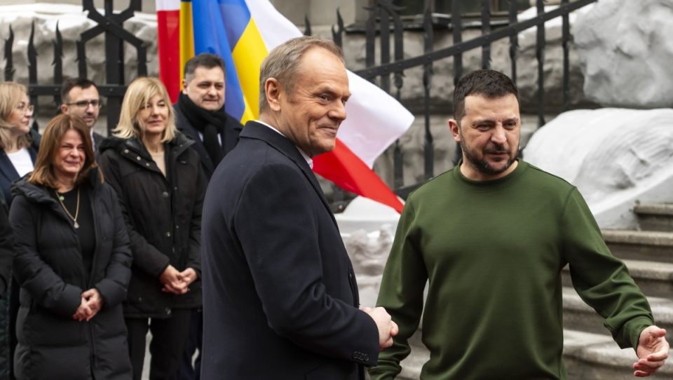 Premier Polski Donald Tusk i oraz prezydent Ukrainy Wołodymyr Zełenski podczas spotkania w Kijowie/fot. Vladyslav Musiienko, PAP