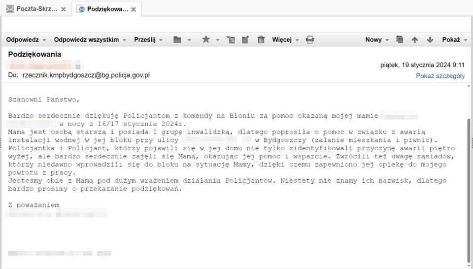 Podziękowanie dla policjantów od córki niepełnosprawnej mieszkanki/fot. Policja