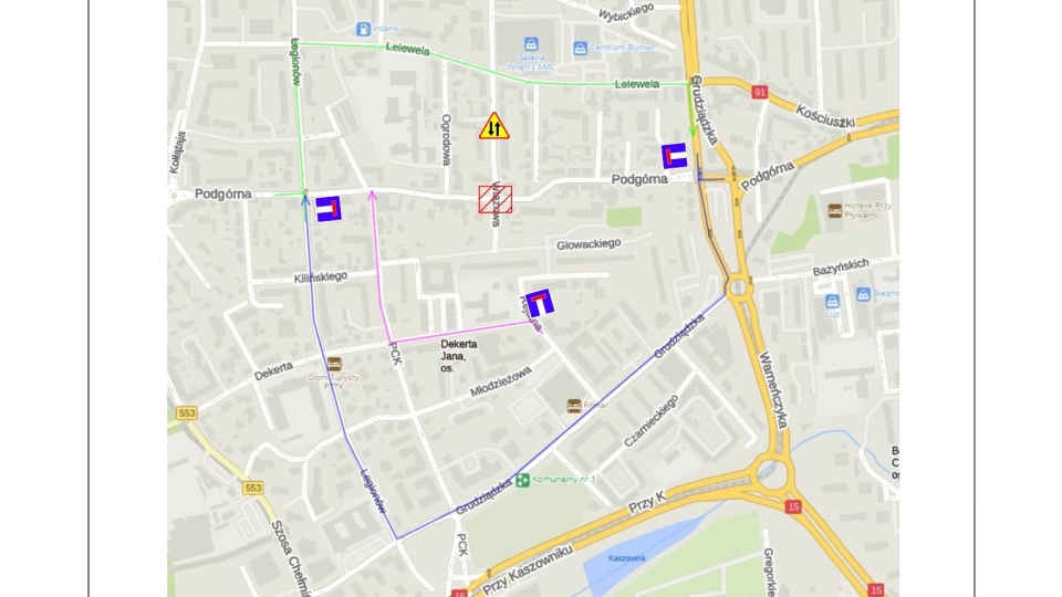 Mapa sugerowanych objazdów/fot. grafika MZD Toruń