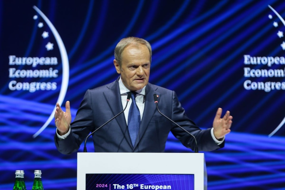 Premier Donald Tusk na inauguracji XVI Europejskiego Kongresu Gospodarczego w Międzynarodowym Centrum Kongresowym w Katowicach/fot. Jarek Praszkiewicz, PAP