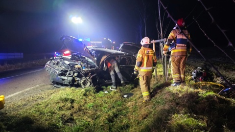 Zderzenie auta osobowego z ciężarówką we wsi Rogóźno-Zamek/fot. Komenda Miejska Państwowej Straży Pożarnej w Grudziądzu