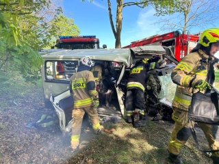Wypadek na DW 551 niedaleko Dąbrowy Chełmińskiej. Bus uderzył w drzewo