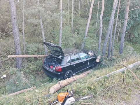 W jedno drzewo uderzyło auto, a drugie się przewróciło. Ranni kierowca i ratownik medyczny [zdjęcia]