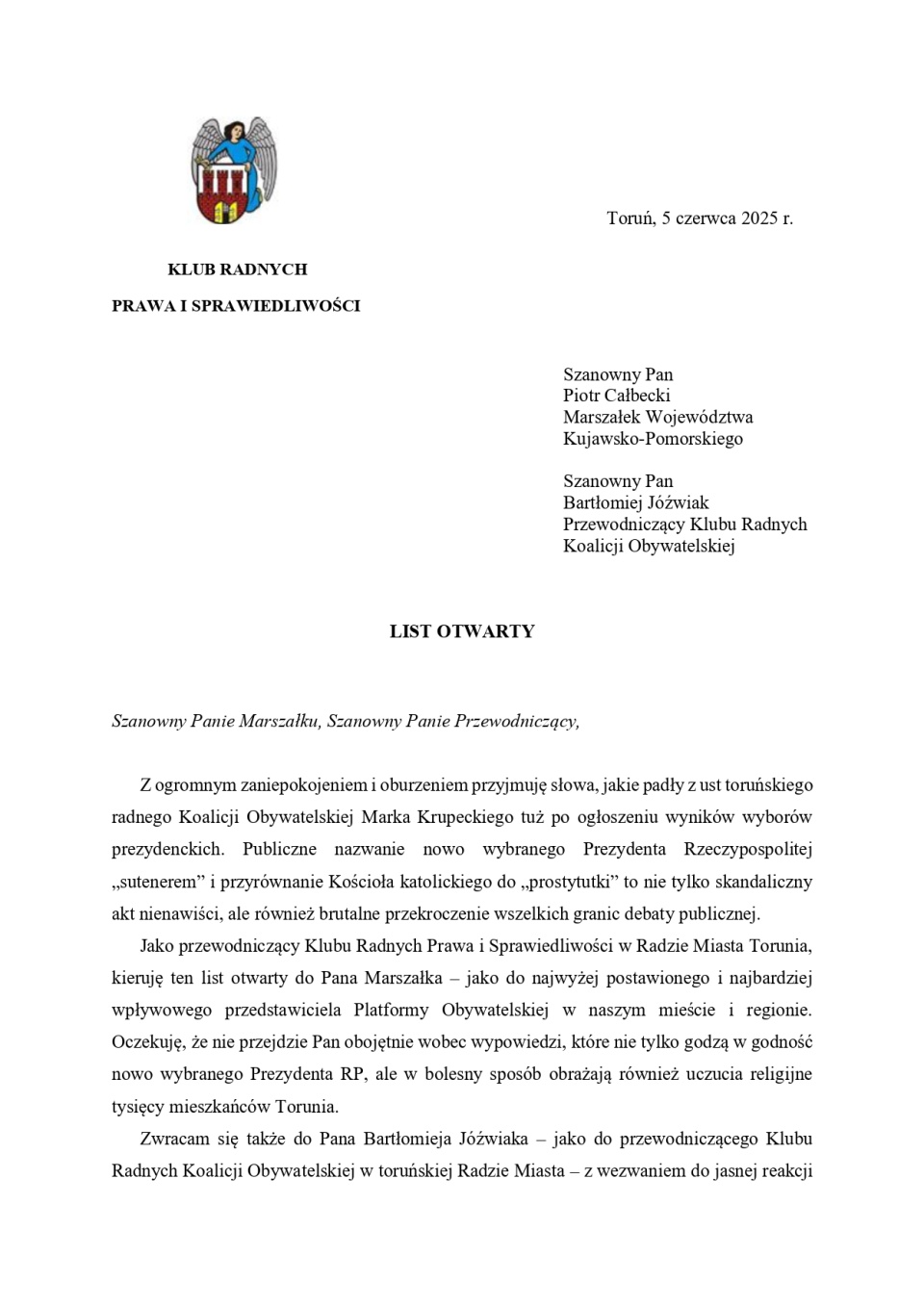 List otwarty do marszałka w sprawie M. Krupeckiego str. 1