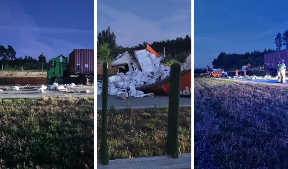 Jedna z ciężarówek została kompletnie zniszczona. Na drogę rozsypał się przewożony ładunek. / Fot. Heron15 Pomoc Drogowa Bydgoszcz 24h / Krystian Andruszczenko