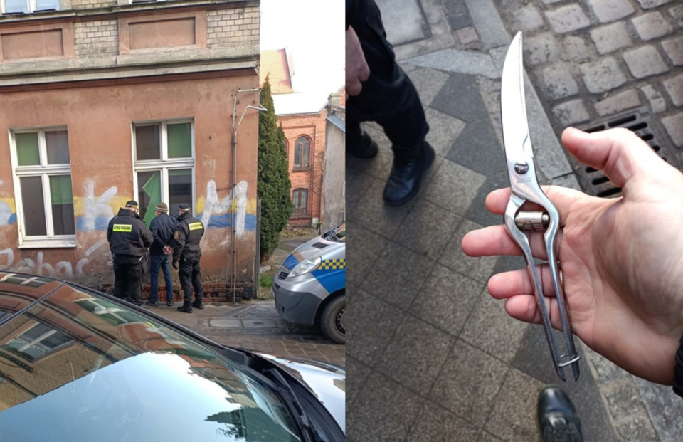 Mężczyznę zatrzymano. W ręku miał 30-centymetrowy sekator do mięsa. / Materiały Straży Miejskiej w Grudziądzu