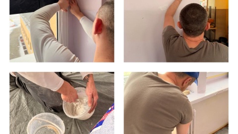 Skazani z Zakładu Karnego w Inowrocławiu pomagają przy odświeżeniu sali lekcyjnej w Szkole Podstawowej nr 6 im. Mikołaja Kopernika w Inowrocławiu/fot. por. Łukasz Lewandowski