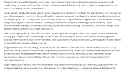 Oświadczenie dyrekcji Wojewódzkiego Szpitala Zespolonego w Toruniu