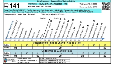 Rozkład jazdy linii 141 z Torunia nad jezioro w Kamionkach