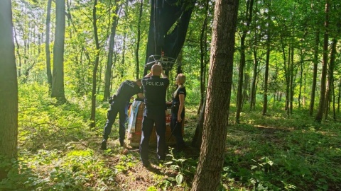 Balon, z którego gondoli wypadły trzy osoby, został odnaleziony przed godz. 9 w kompleksie leśnym między Szczepankami a Słupskim Młynem. / Fot. KMP w Grudziądzu