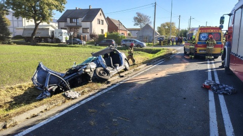 Zderzyły się samochód osobowy z ciężarowym/ Fot. KP PSP w Mogilnie