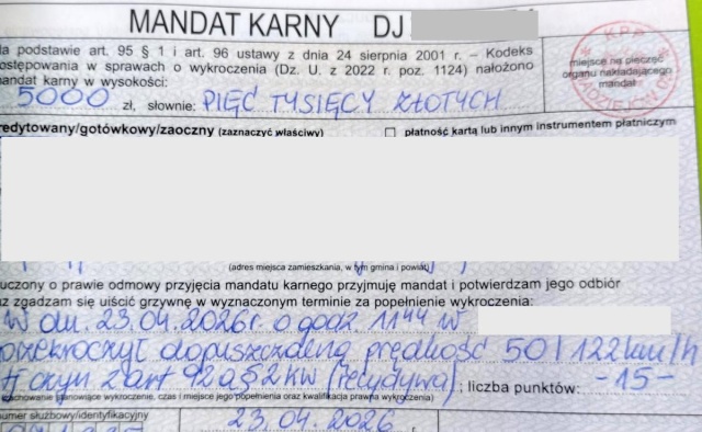 Drogowy recydywista złapany przez patrol z Radziejowa. Przekroczył prędkość o 72 km