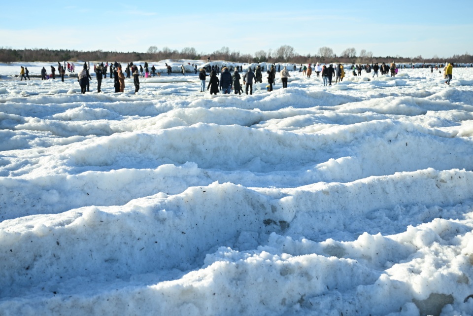 Torosy na plaży w Mikoszewie. Lodowe góry powstają, gdy pokrywająca morze kra zaczyna pękać, a podmuchy silnego wiatru nanoszą ją na ląd/fot. PAP/Adam Warżawa