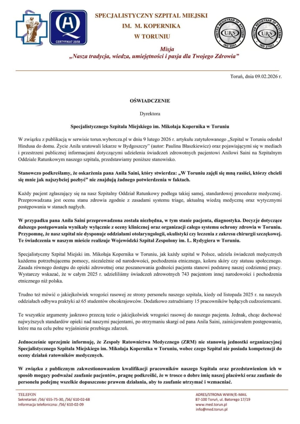 Oświadczenie dyrektora Specjalistycznego Szpitala Miejskiego im. Mikołaja Kopernika w Toruniu/źródło: nadesłane przez biuro prezydenta Torunia