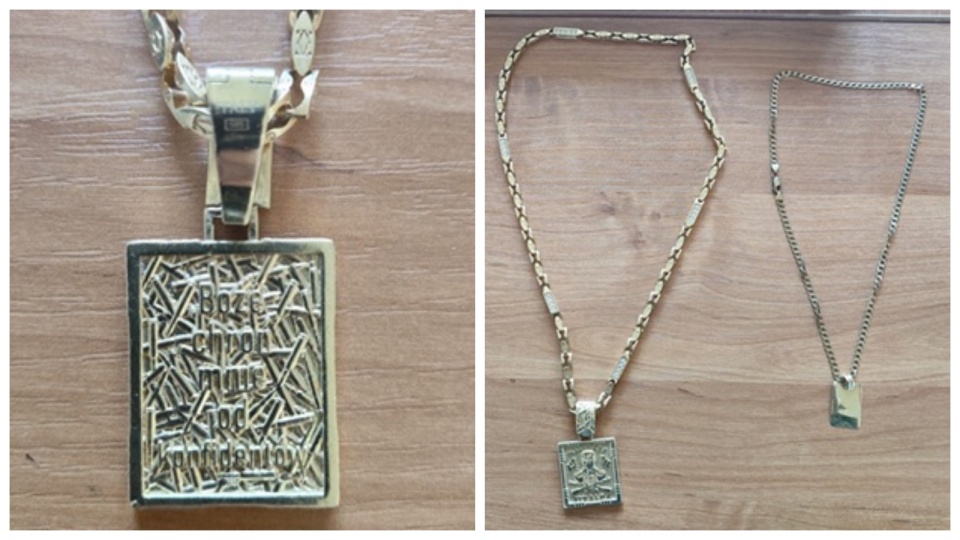 Adrian Z. posiadał wykonany ze złota i diamentów łańcuch z zawieszką przedstawiającą Jesusa Malverde, znanego jako meksykański Robin Hood i patron handlarzy narkotyków (fot. Prokuratura Okręgowa w Bydgoszczy)