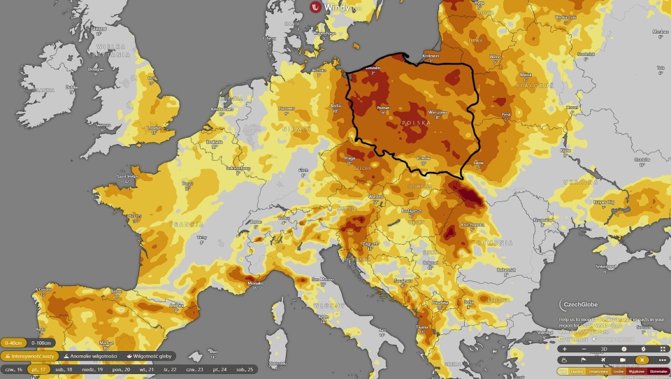 Mapa terenów, na których występuję największa susza. Fot. Serwis windy.com