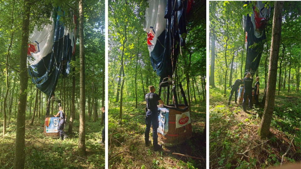 Balon, z którego gondoli wypadły trzy osoby, został odnaleziony przed godz. 9 w kompleksie leśnym między Szczepankami a Słupskim Młynem. / Fot. KMP w Grudziądzu